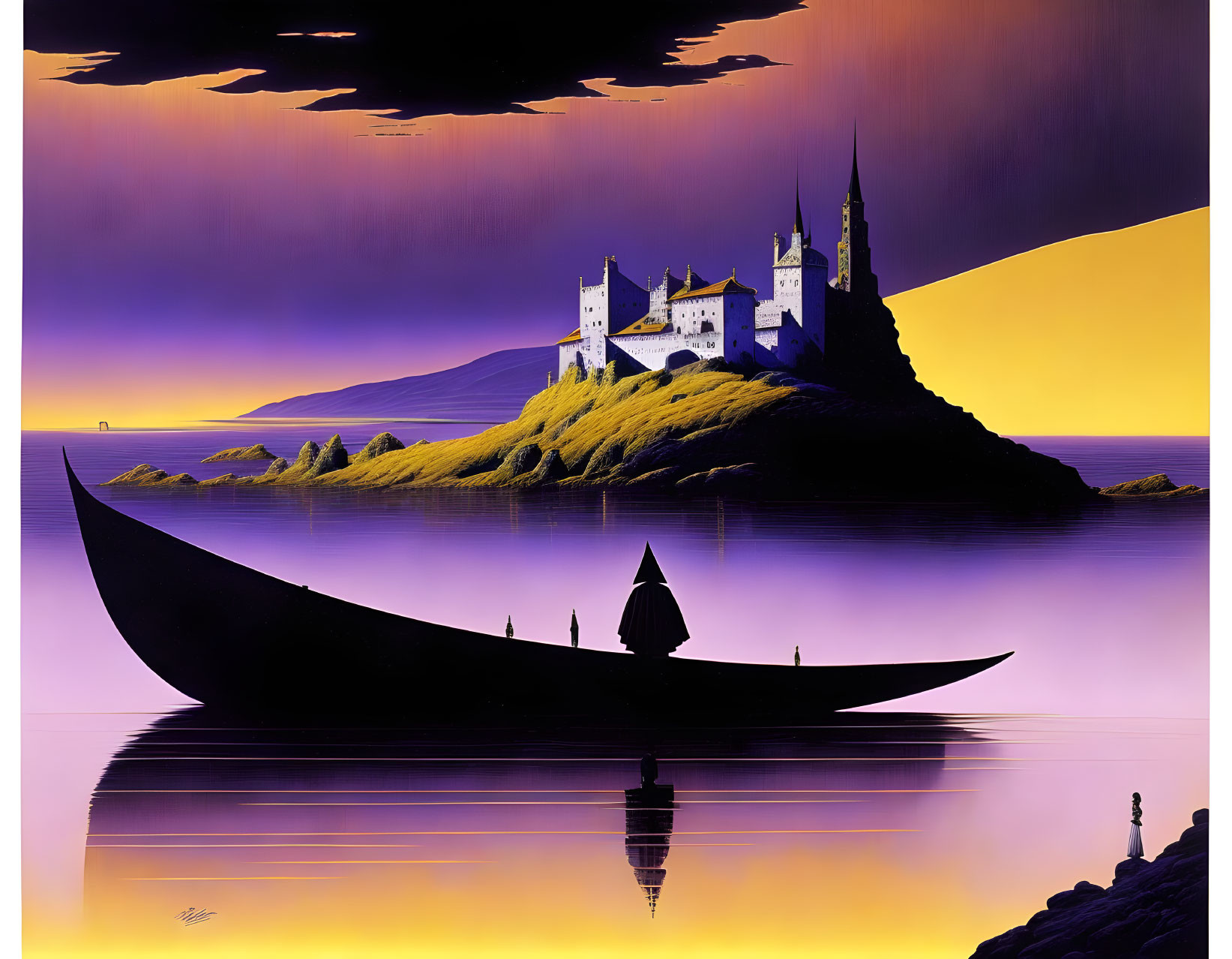 Artwork: Silhouette of boat, figures, castle on island, reflecting on water under purple &