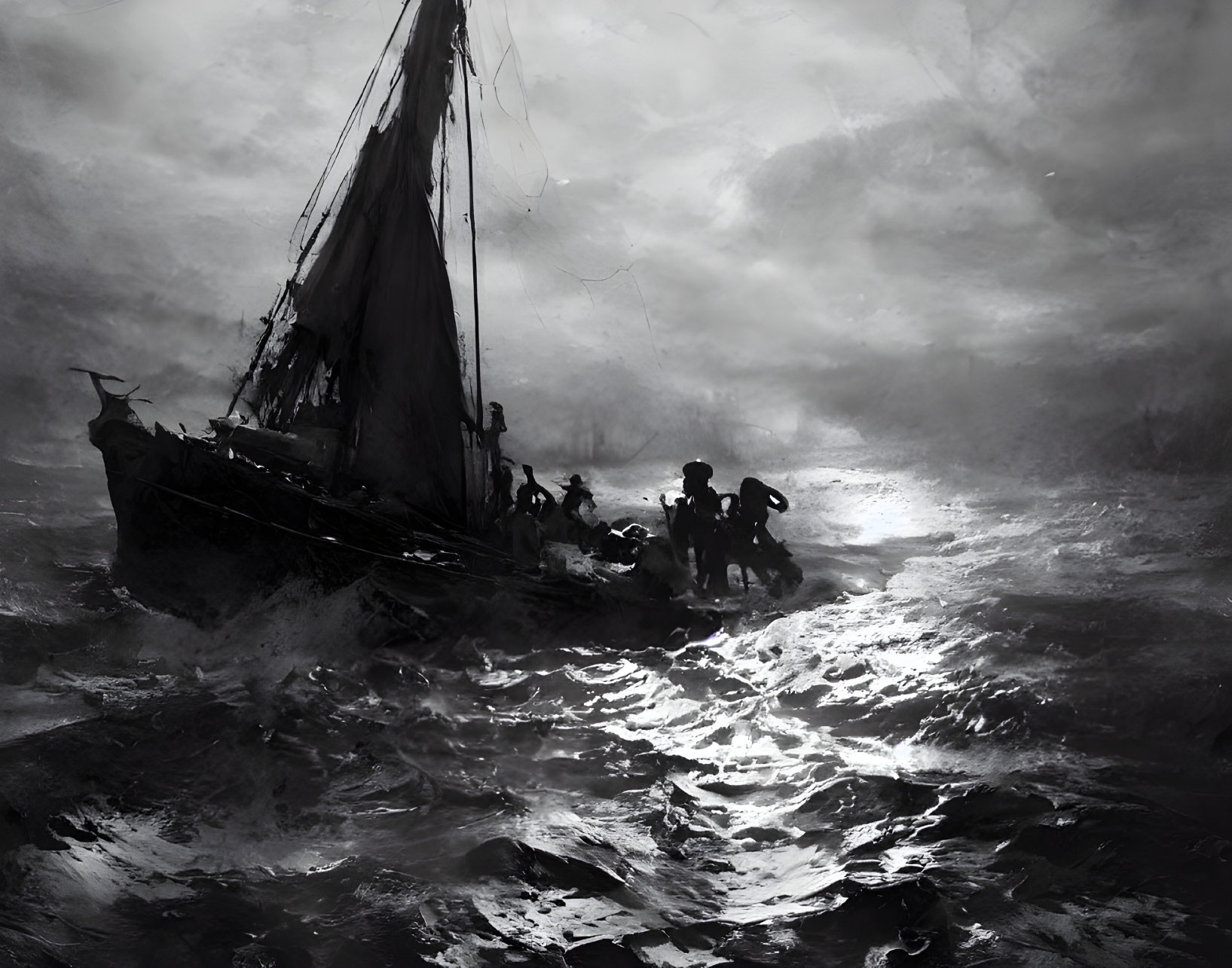 Monochromatic artwork of sailors in distressed sailboat on turbulent sea