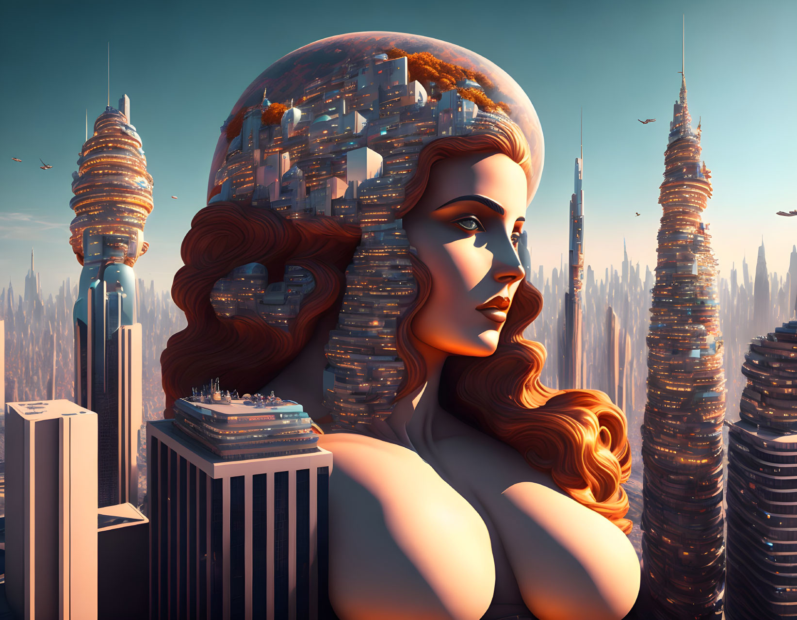 Surreal illustration: Woman with dome head cityscape, futuristic skyscrapers.