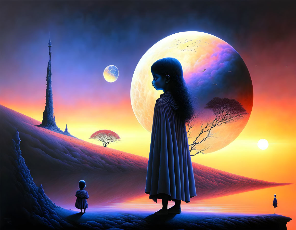 Surreal twilight landscape with large moon and silhouettes.