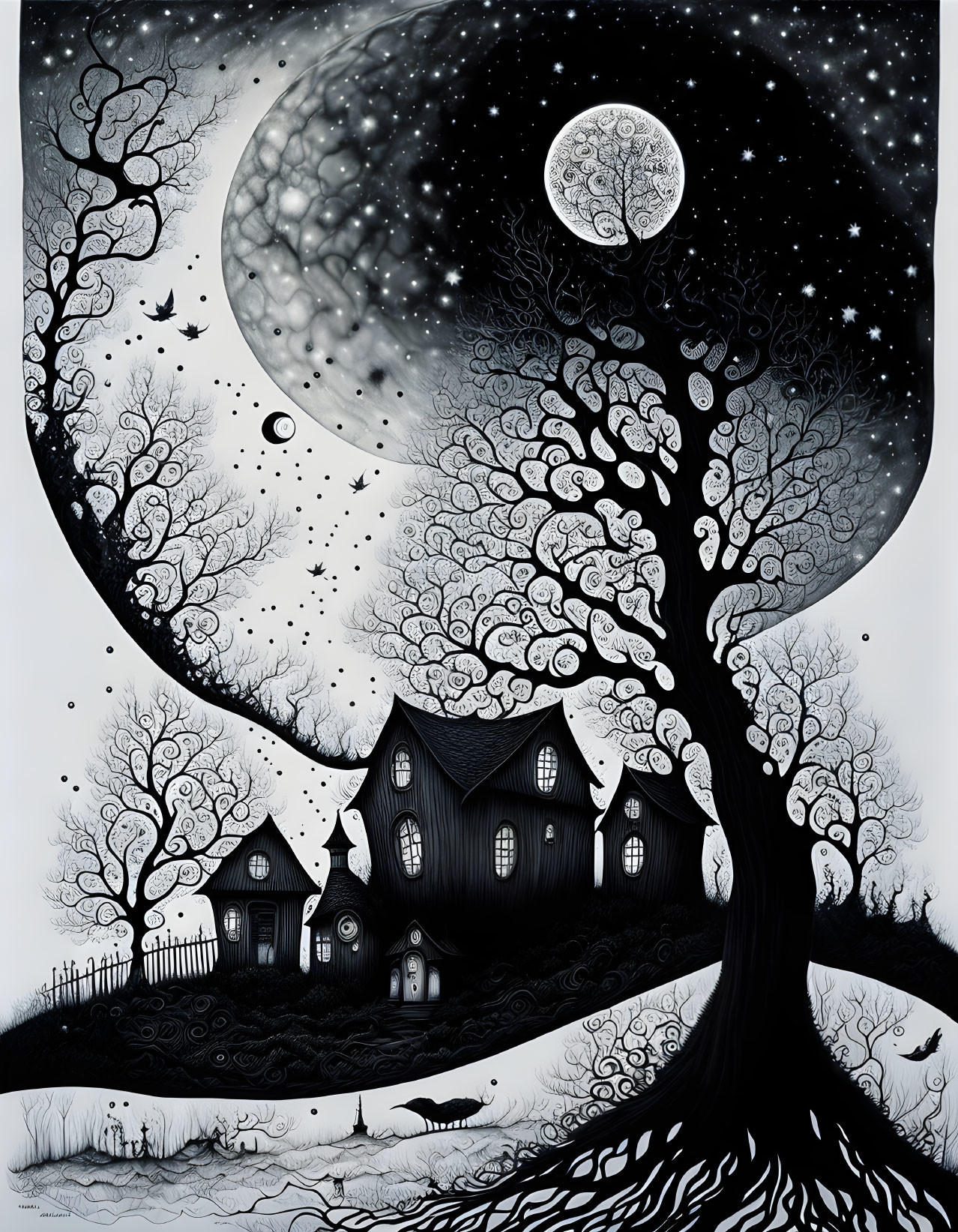 Monochrome fantasy illustration of whimsical tree, moon, starry sky, eerie house, cat