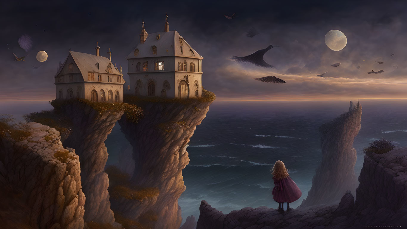 Blonde girl gazes at fantasy seascape with floating islands and multiple moons