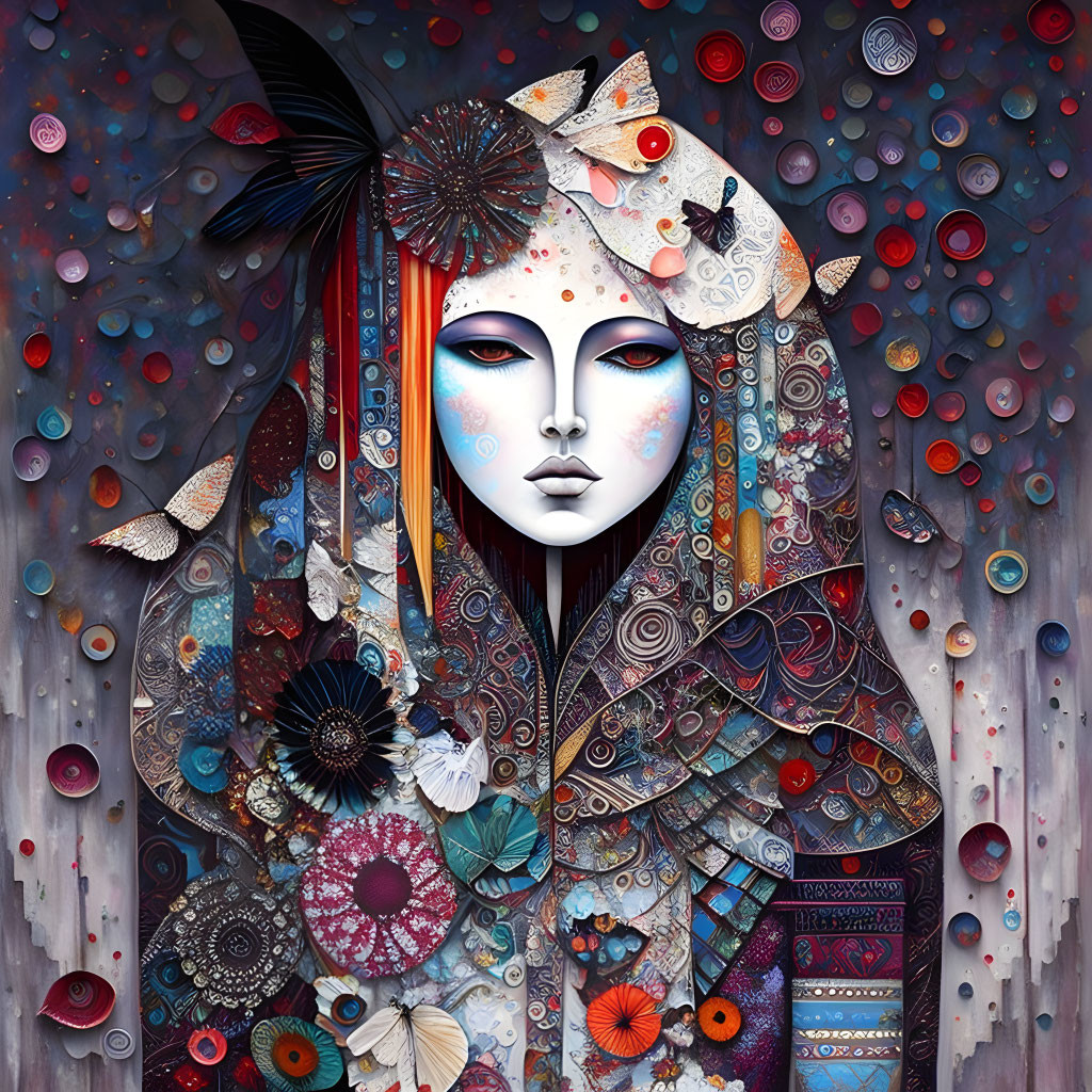 Intricate colorful artwork of stylized woman's face in blues, reds, and earth tones