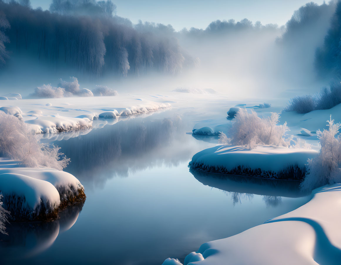 Snow-covered winter landscape with calm river and misty trees