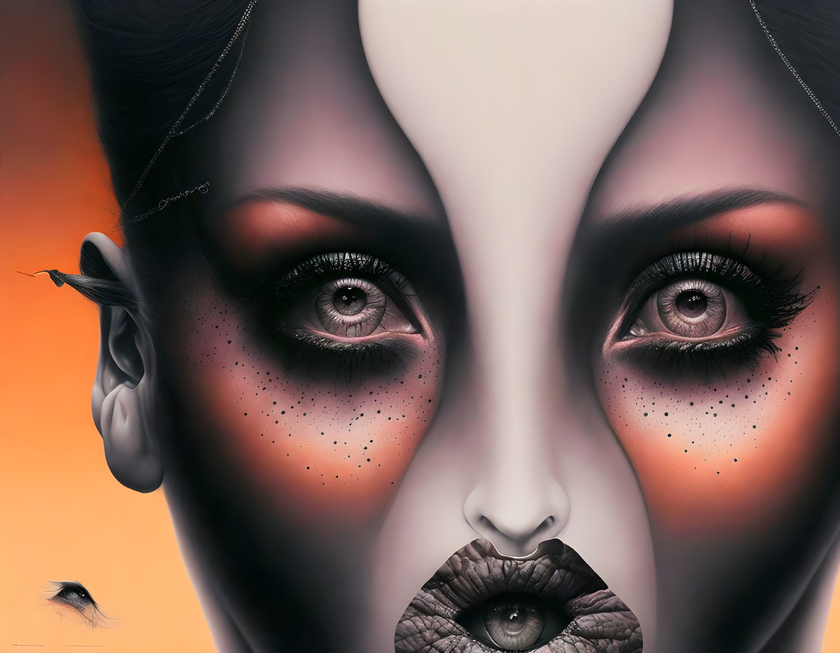 Hyperrealistic Woman Illustration with Detailed Features on Orange Background