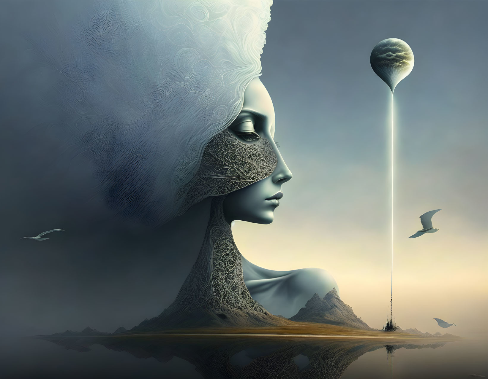 Surreal artwork: Woman with patterns, white hair, and teardrop object in serene landscape