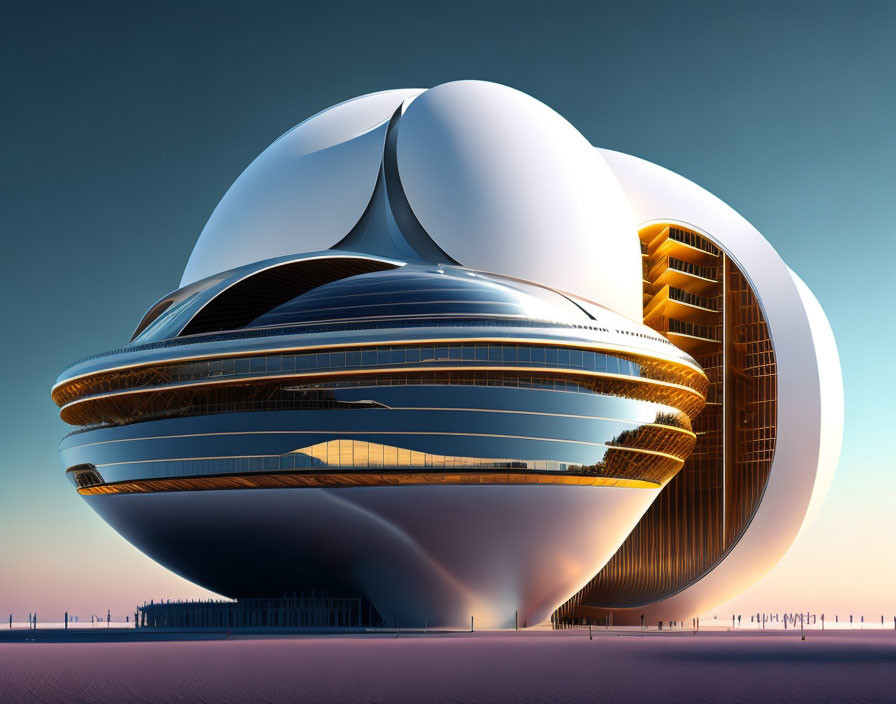 Futuristic spherical building with metallic accents and open terraces in twilight sky