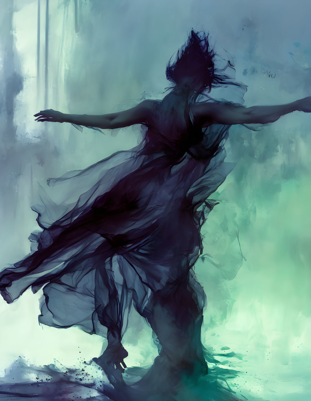 Ethereal figure in flowing dress dances in misty turquoise ambiance