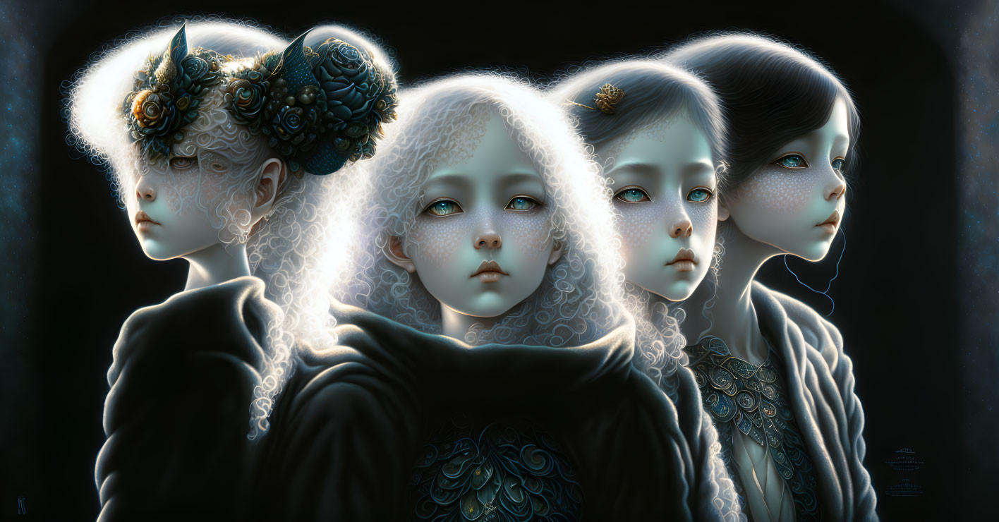 Ethereal pale children with blue eyes in elaborate headpieces against dark backdrop