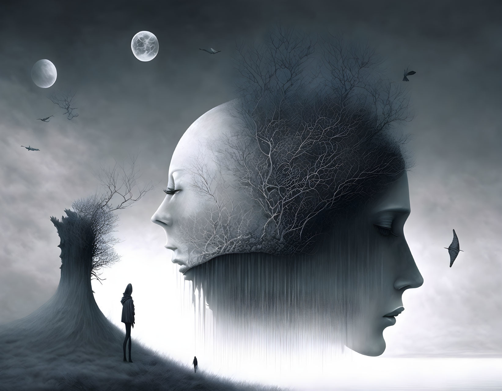 Surreal artwork: Large face with tree hair, figure in moonlit landscape.