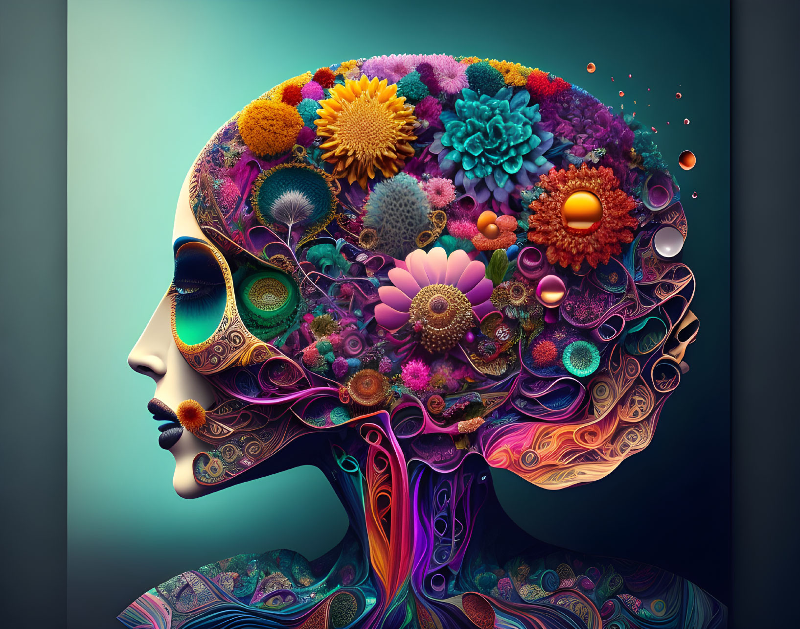 Vibrant floral patterns on stylized human head profile view