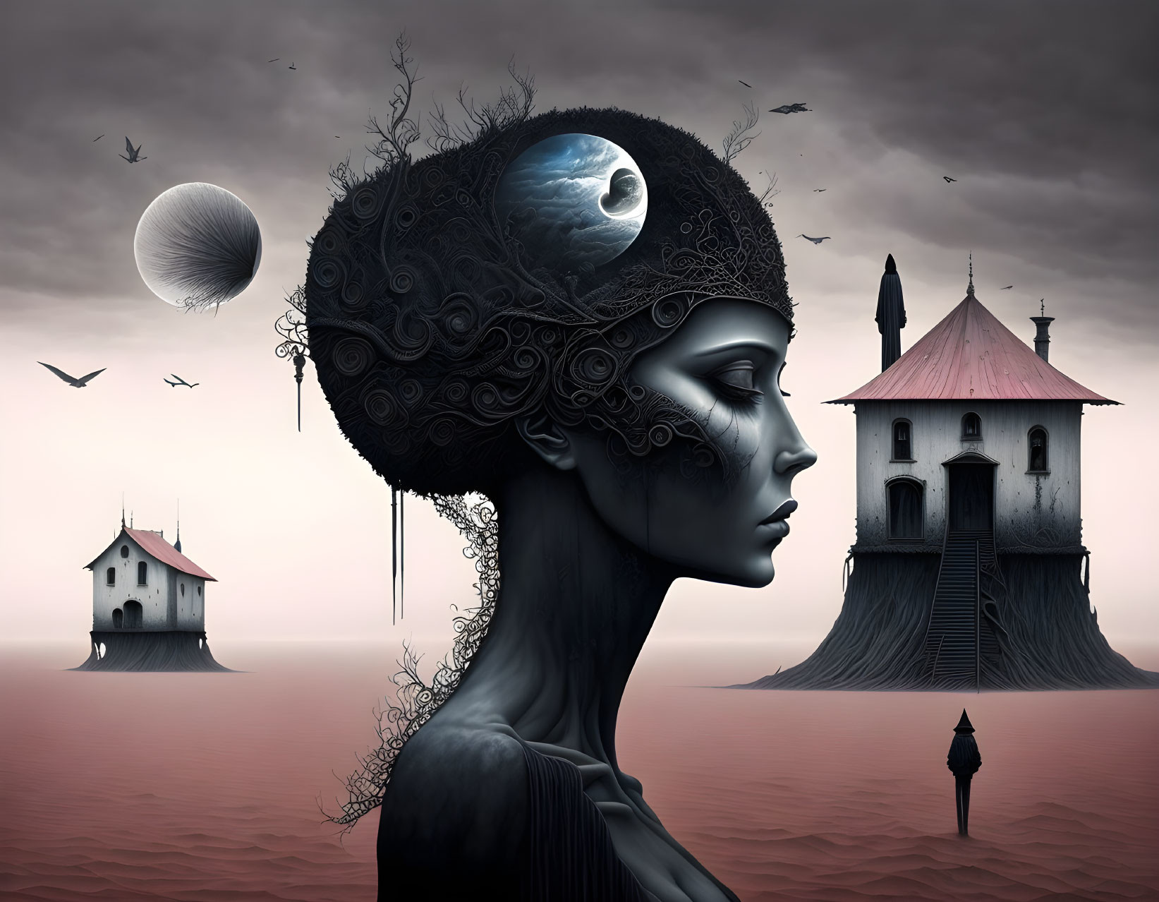 Surreal portrait of woman with celestial brain in misty landscape