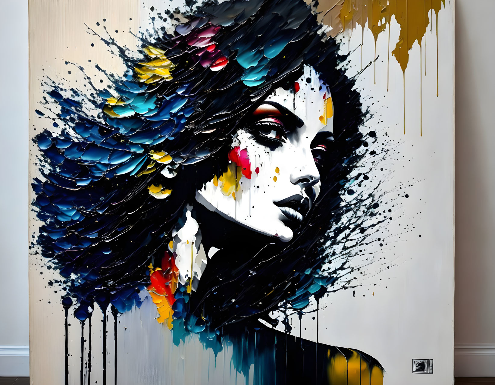 Colorful feathers woman mural with bold lines and vibrant colors