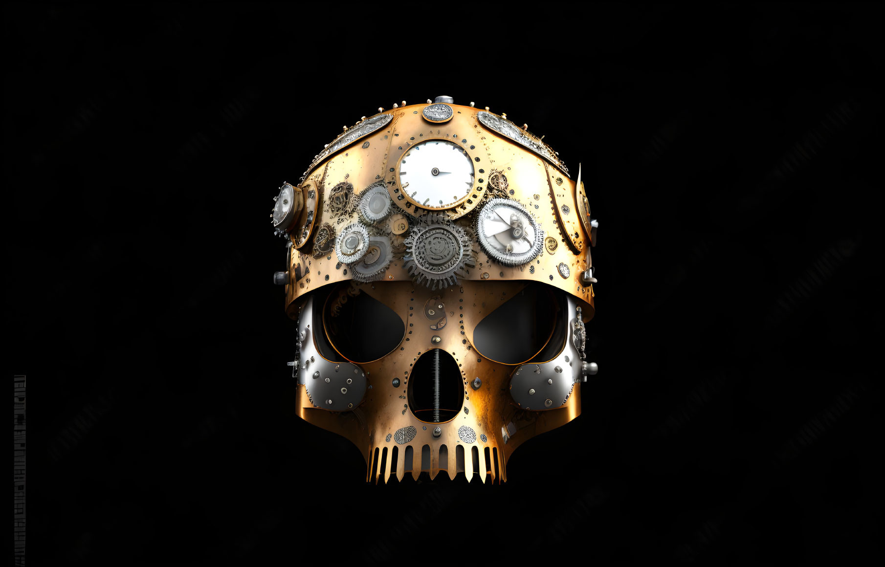 Steampunk-style helmet with clock components and gears on dark background