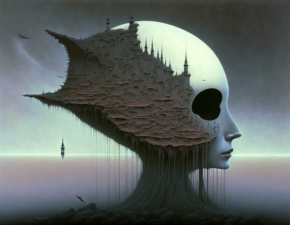 Skull with cityscape atop, floating island with root-like structures, misty backdrop