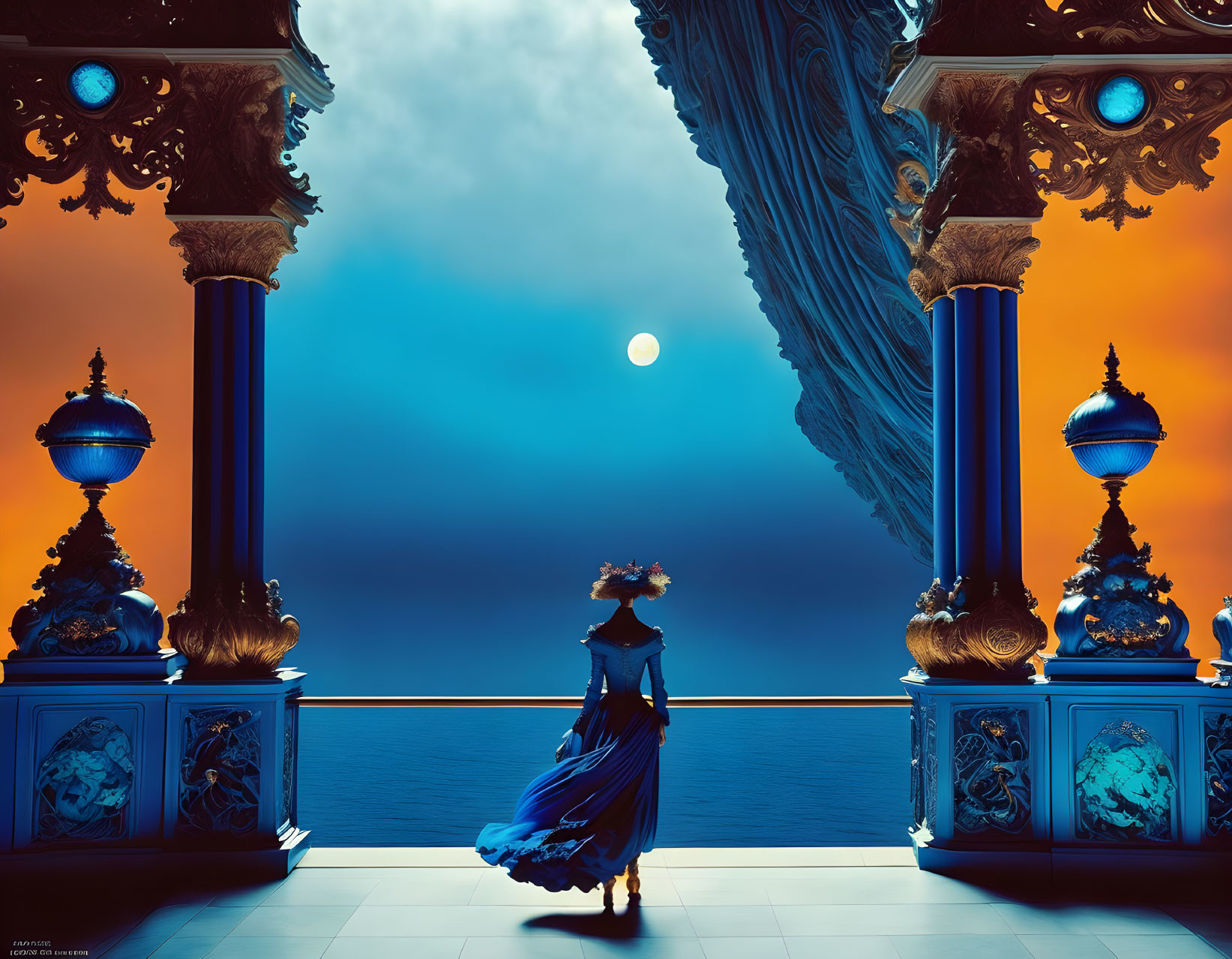 Victorian Woman on Balcony at Twilight with Full Moon