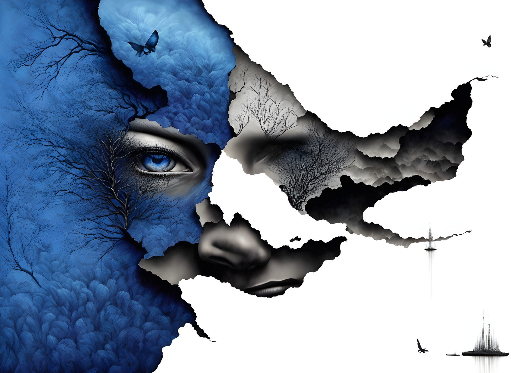 Surreal art: Nature and human face merge in blue and monochrome colors