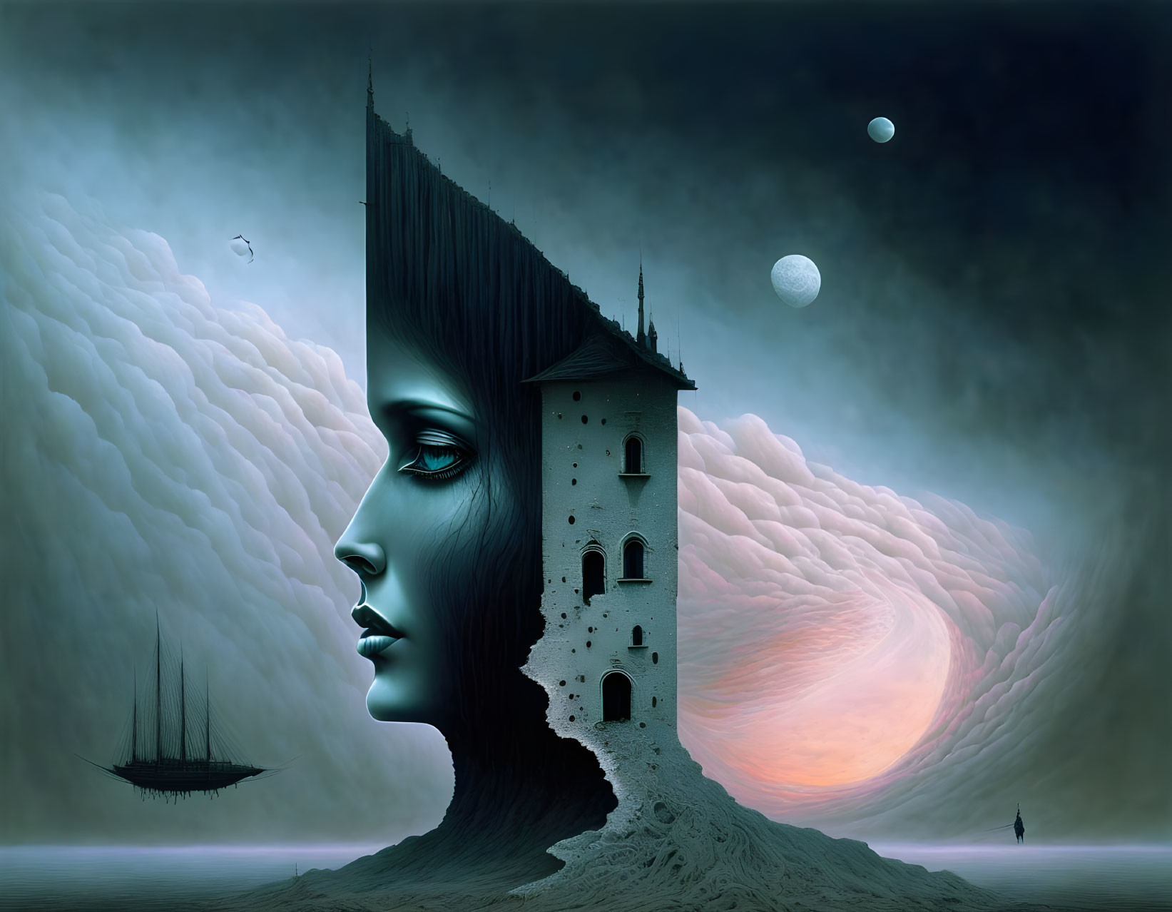 Surreal artwork: woman's profile merges with tower head, planets, ship, moody sky