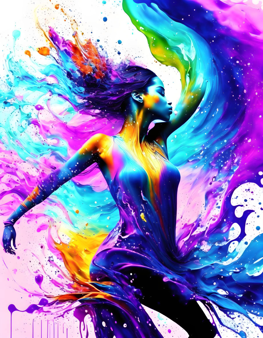 Colorful digital artwork: Woman's hair and body merge into vibrant paint splash