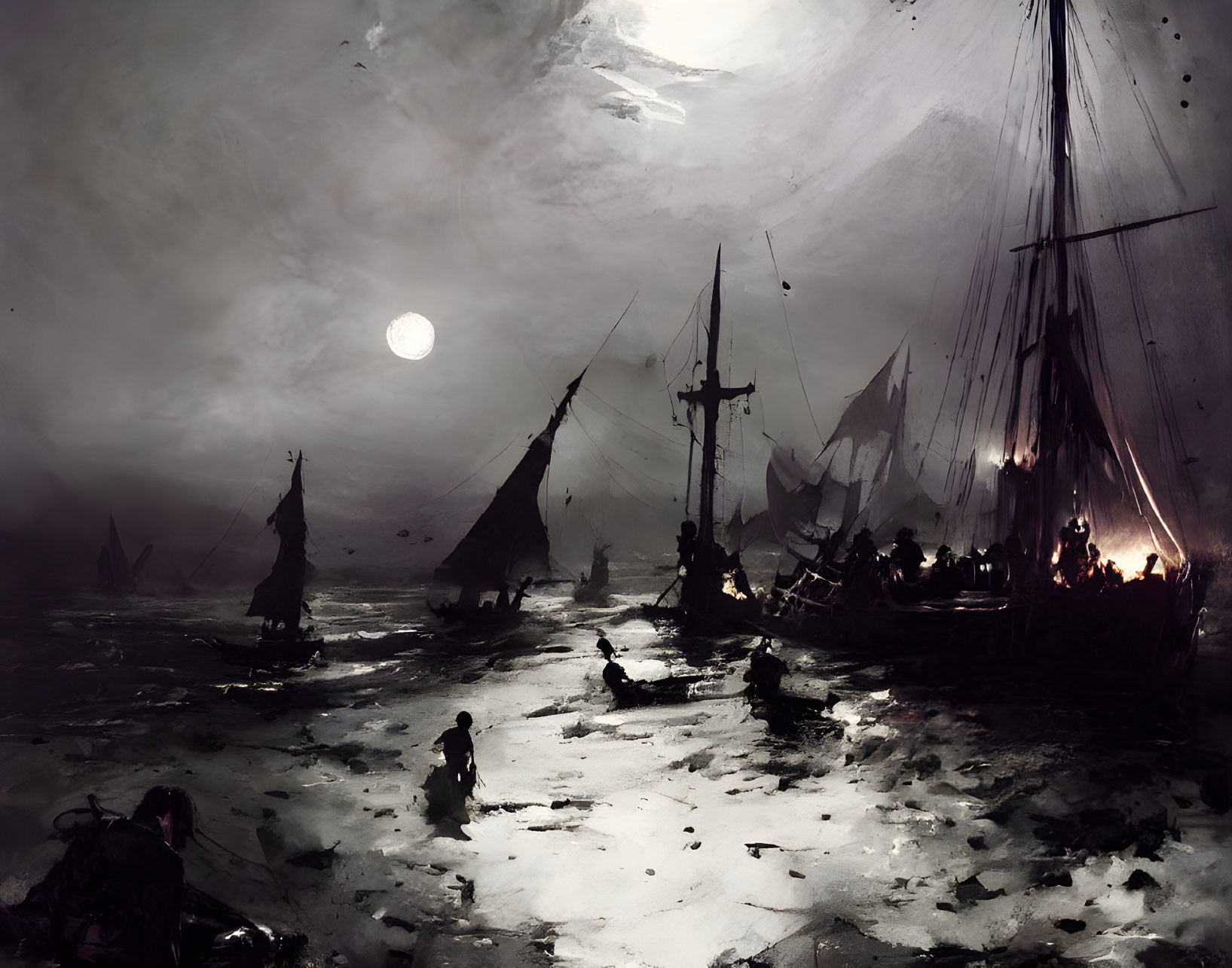 Dark, atmospheric painting of shipwrecks under a dim moon