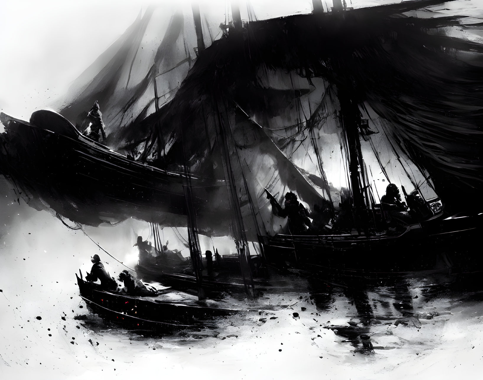 Monochromatic artwork of stormy seafaring scene