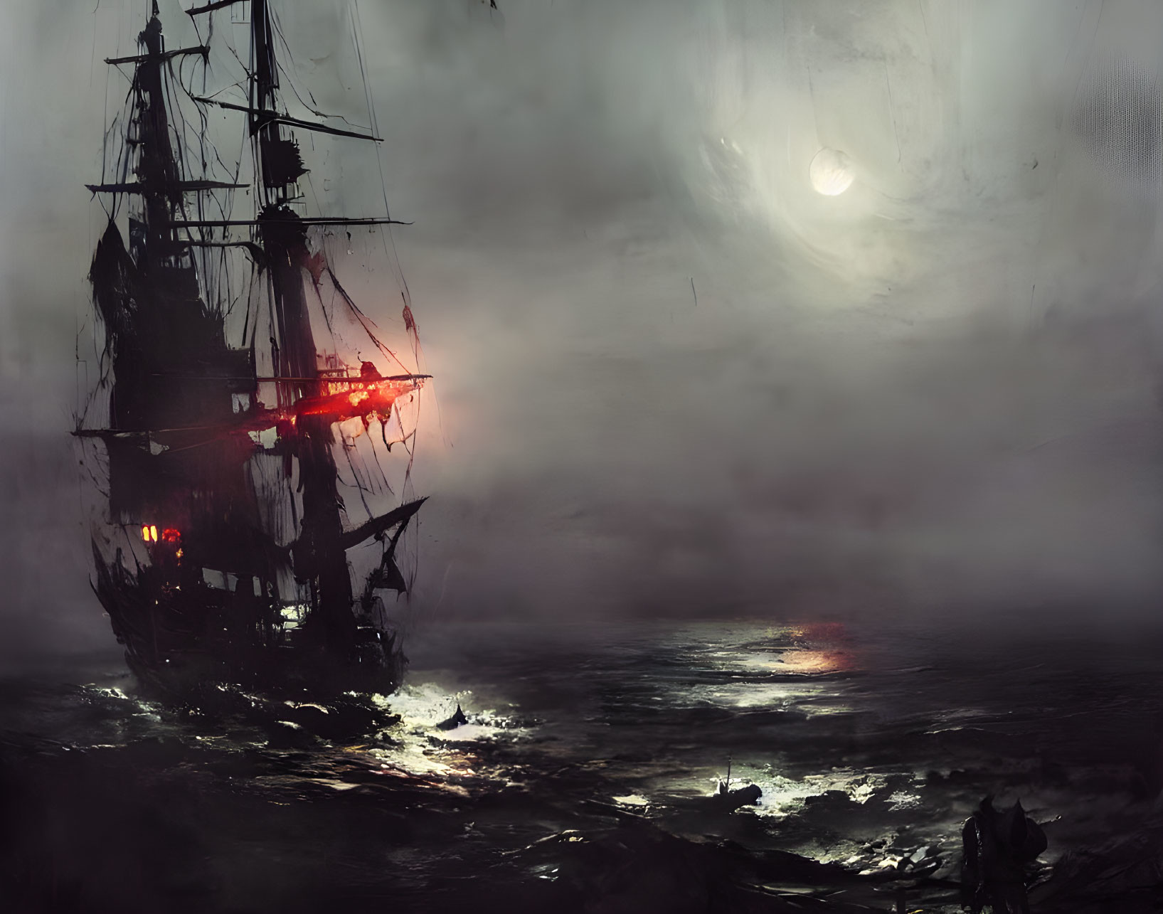 Ghostly ship with red lights sails in stormy sea under full moon