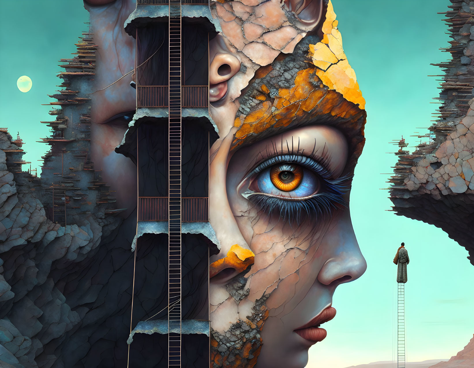 Surreal image: Human features blend with landscape elements