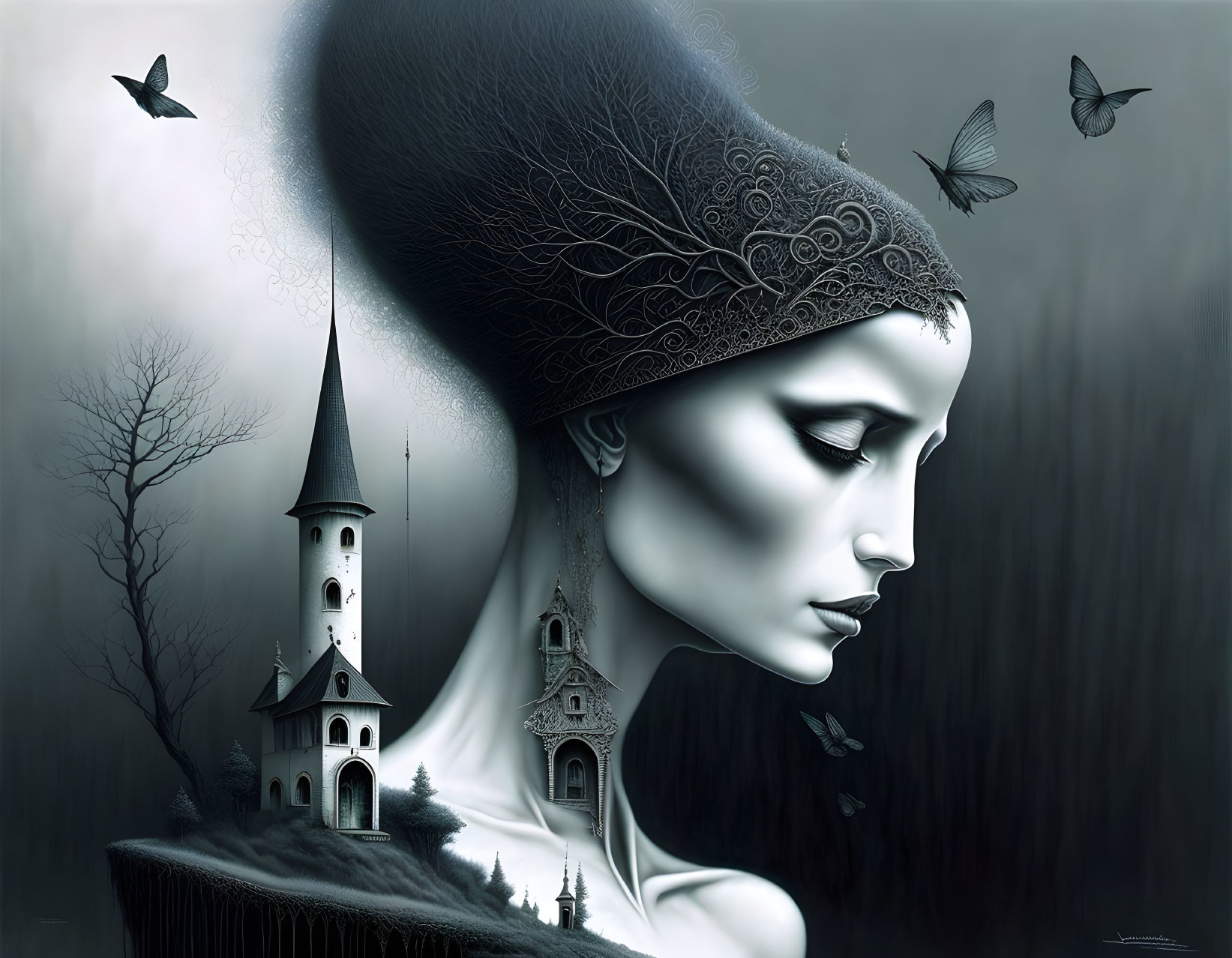 Surreal artwork: woman's profile with church tower headwear, birds in foggy monoch