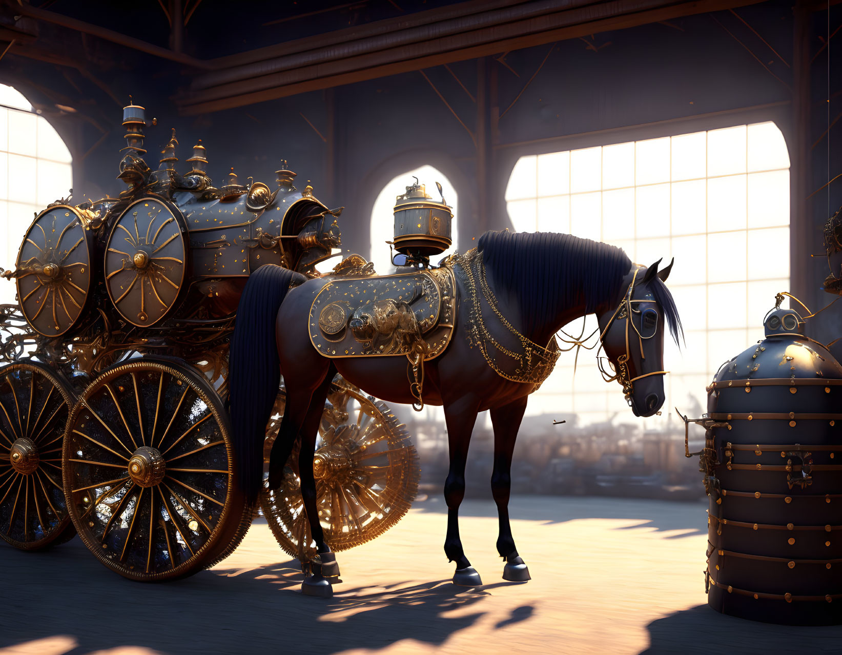 Ornate steampunk-style carriage with intricate brass detailing and adorned horse in sunlit warehouse