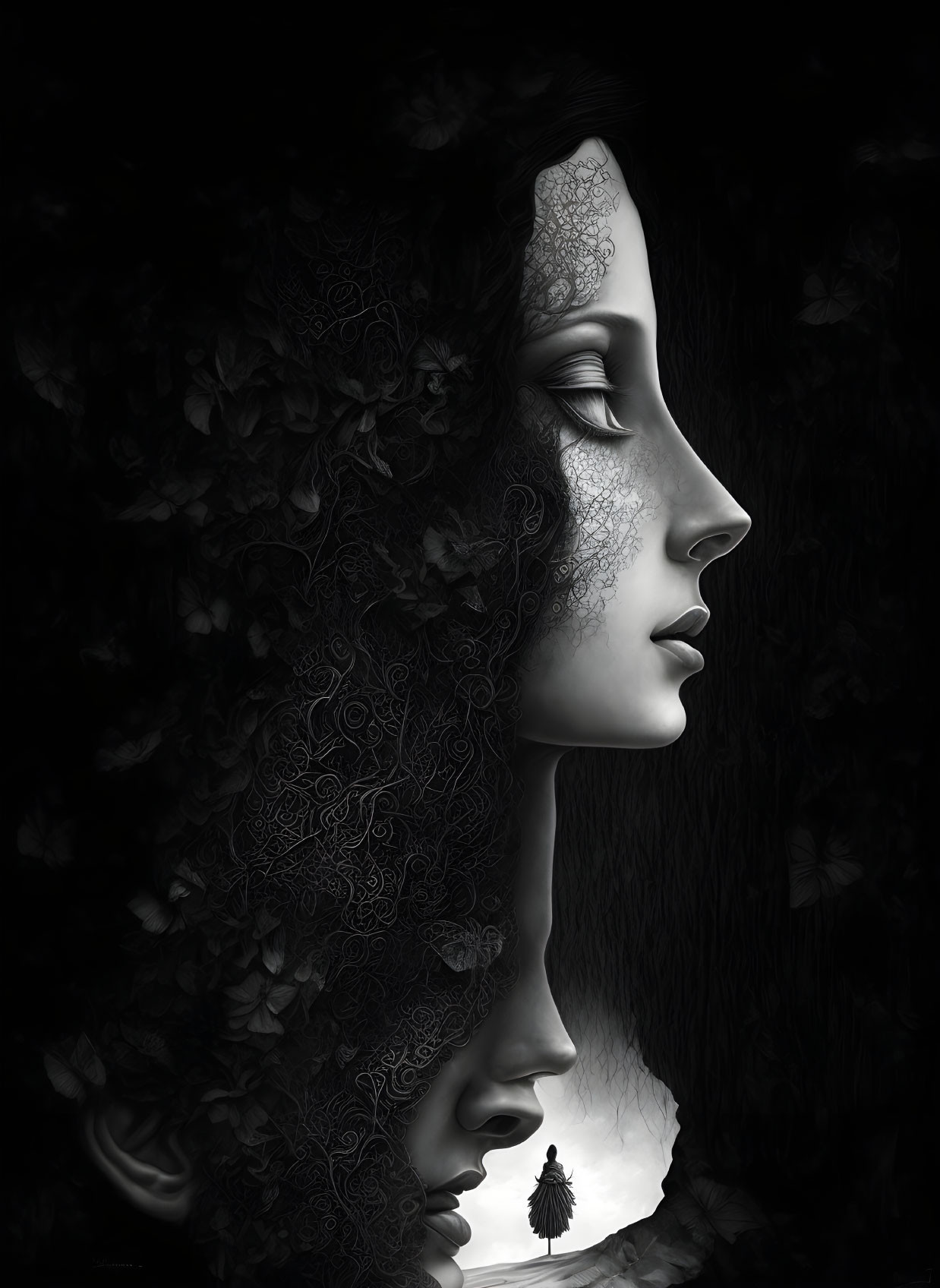 Monochrome artwork featuring silhouetted faces with lace-like patterns and foliage.