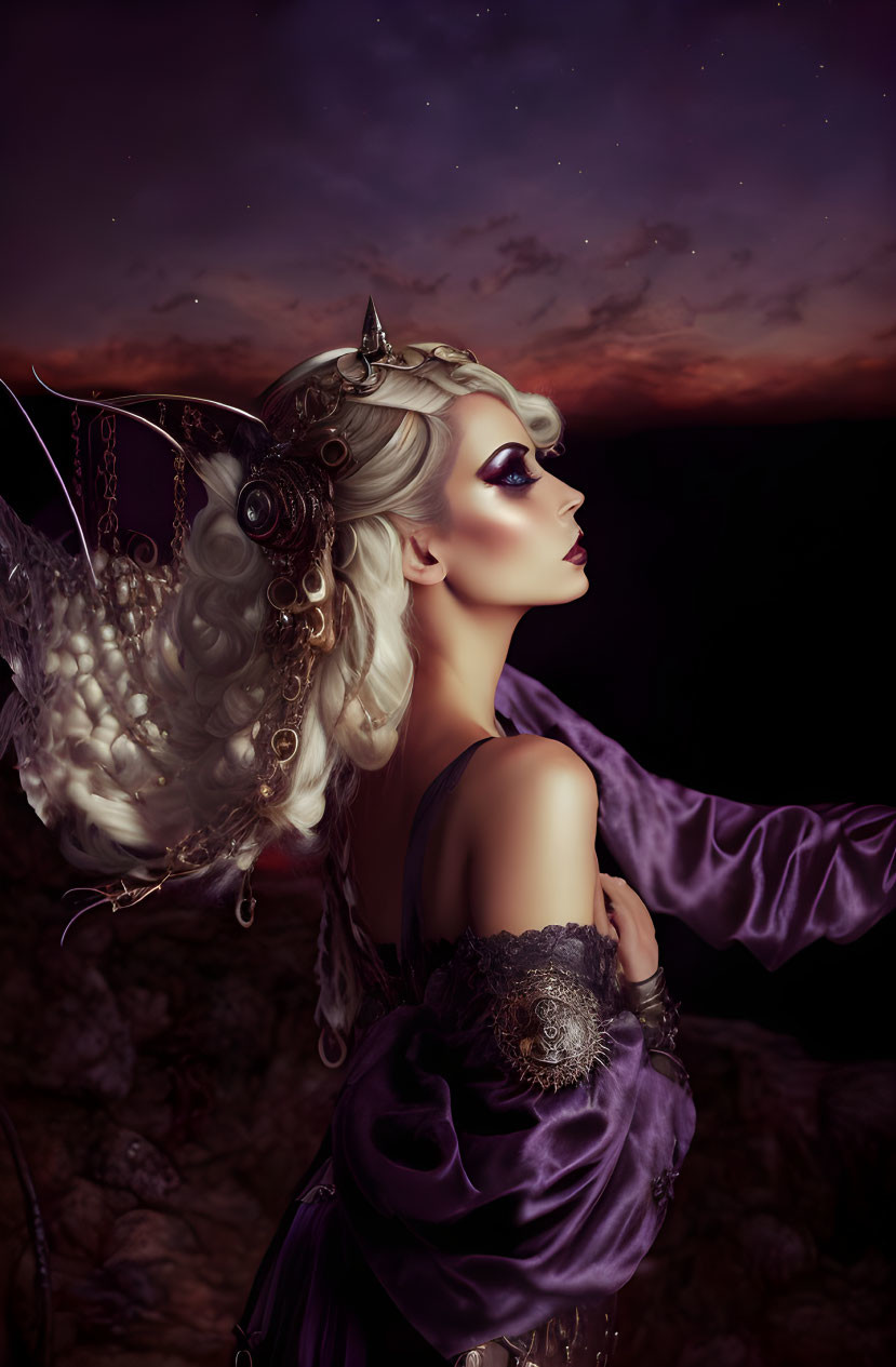 Mystical figure with ornate wings in purple gown gazes at twilight sky