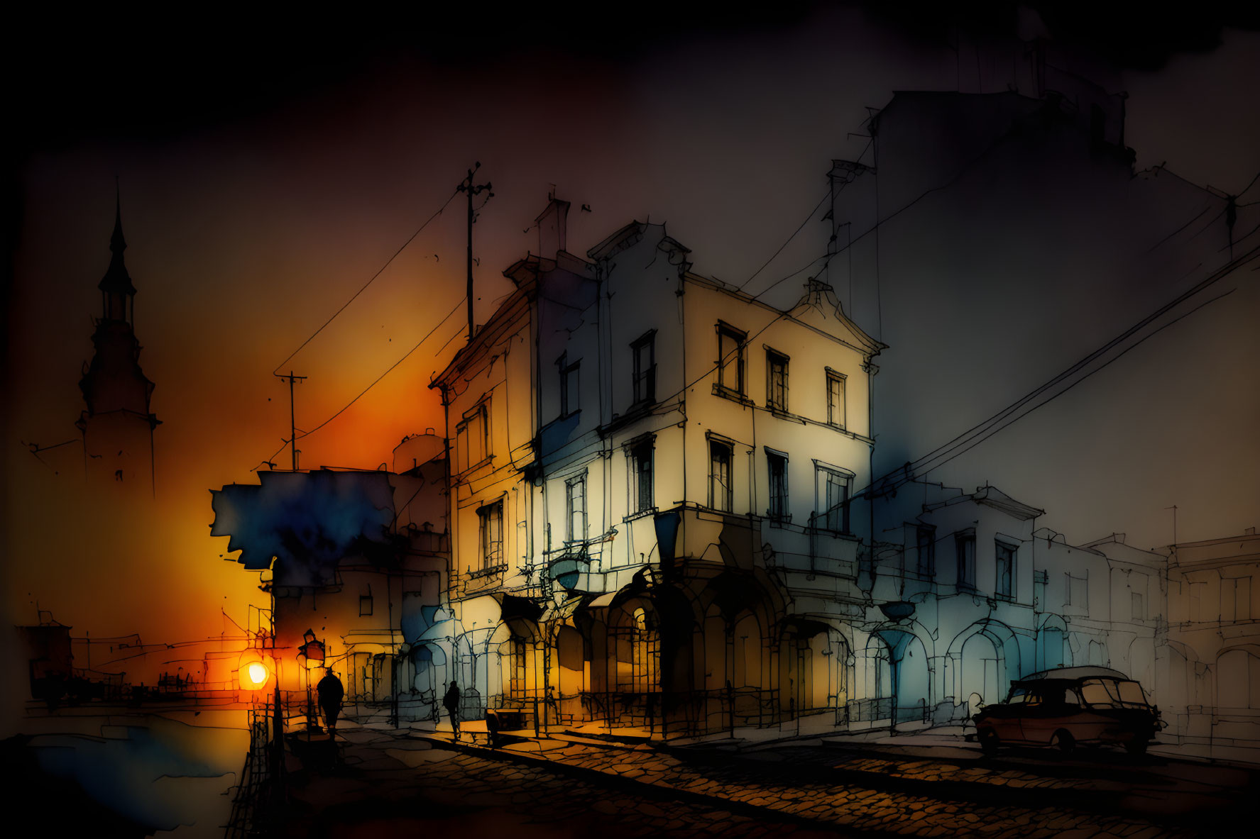 Vintage Street Scene at Dusk with Silhouetted Figures and Classic Architecture