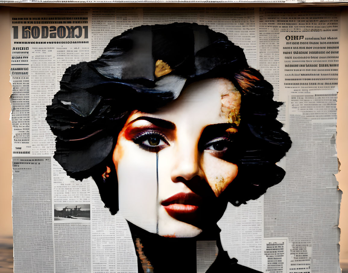 Vintage newspaper overlay on woman's face with black floral hat