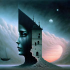 Surreal artwork: woman's profile merges with tower head, planets, ship, moody sky