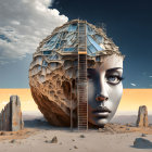 Surreal artwork: Giant incomplete sphere with female face in desert landscape