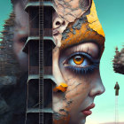 Surreal image: Human features blend with landscape elements