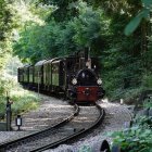 Vintage train scene with passengers in period attire in snowy green landscape