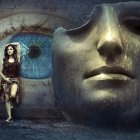 Surreal artwork: girl facing wall with haunting face merging from bricks