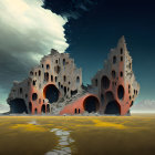 Surreal landscape with honeycomb-like structures under dramatic sky