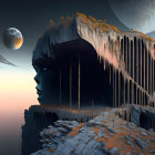 Surreal landscape with colossal statue head on cliff, two moons, twilight sky