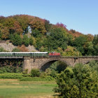 Train crossing stone bridge in autumn forest under blue sky