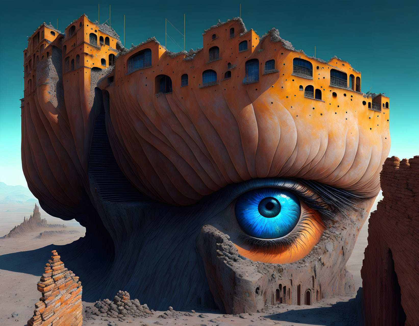 Surreal image of vivid blue eye in desert landscape