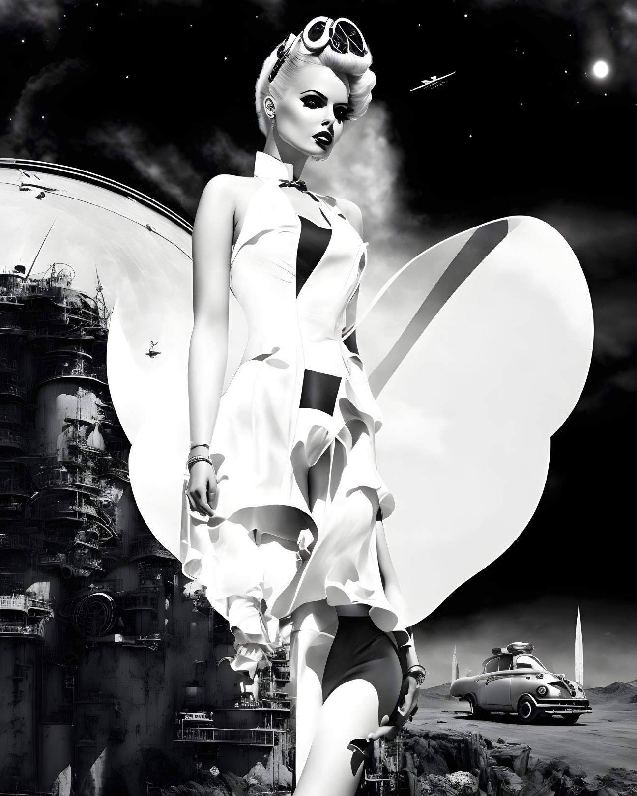 Grayscale stylized woman with butterfly wings near futuristic industrial scene.