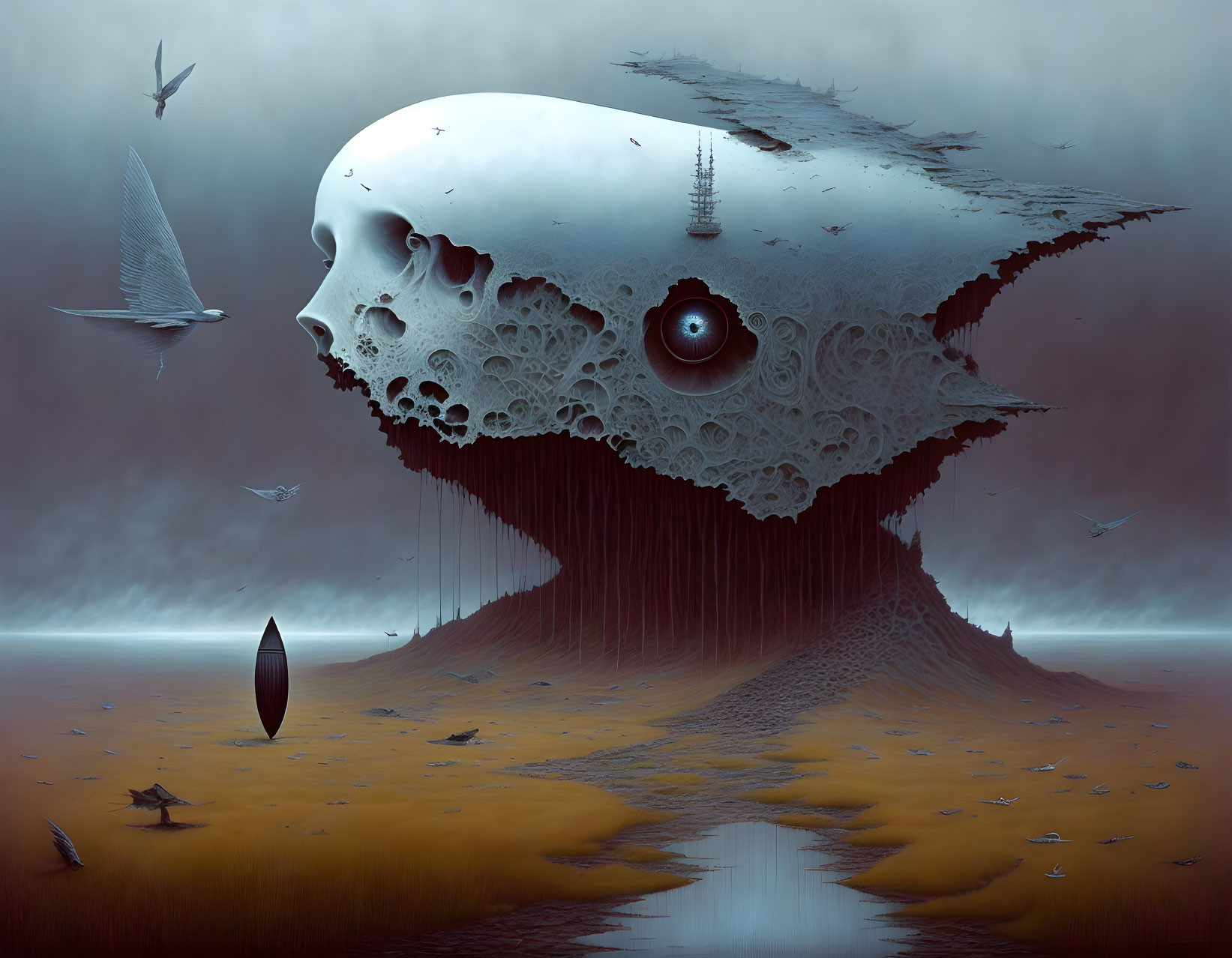 Skull-shaped island with large eye in misty landscape & boat on river