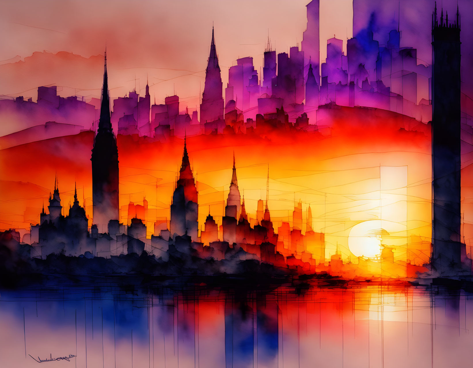 Cityscape Watercolor Illustration: Sunset Reflections in Vibrant Hues