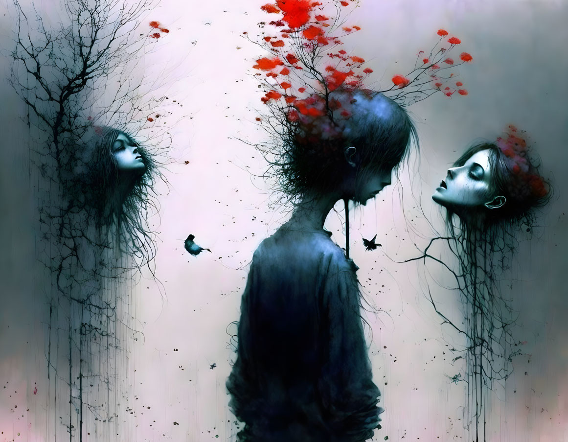 Surreal Artwork: Three Figures with Tree Branch-Like Hair and Red Blooms