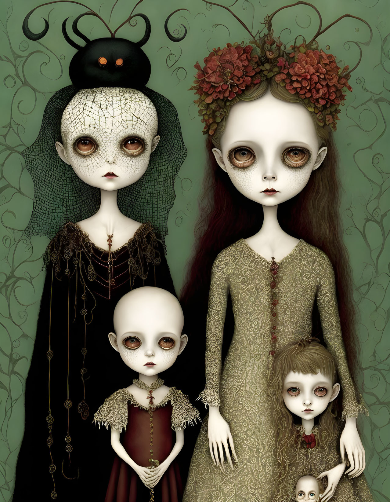 Four eerie doll-like figures in vintage attire on green background