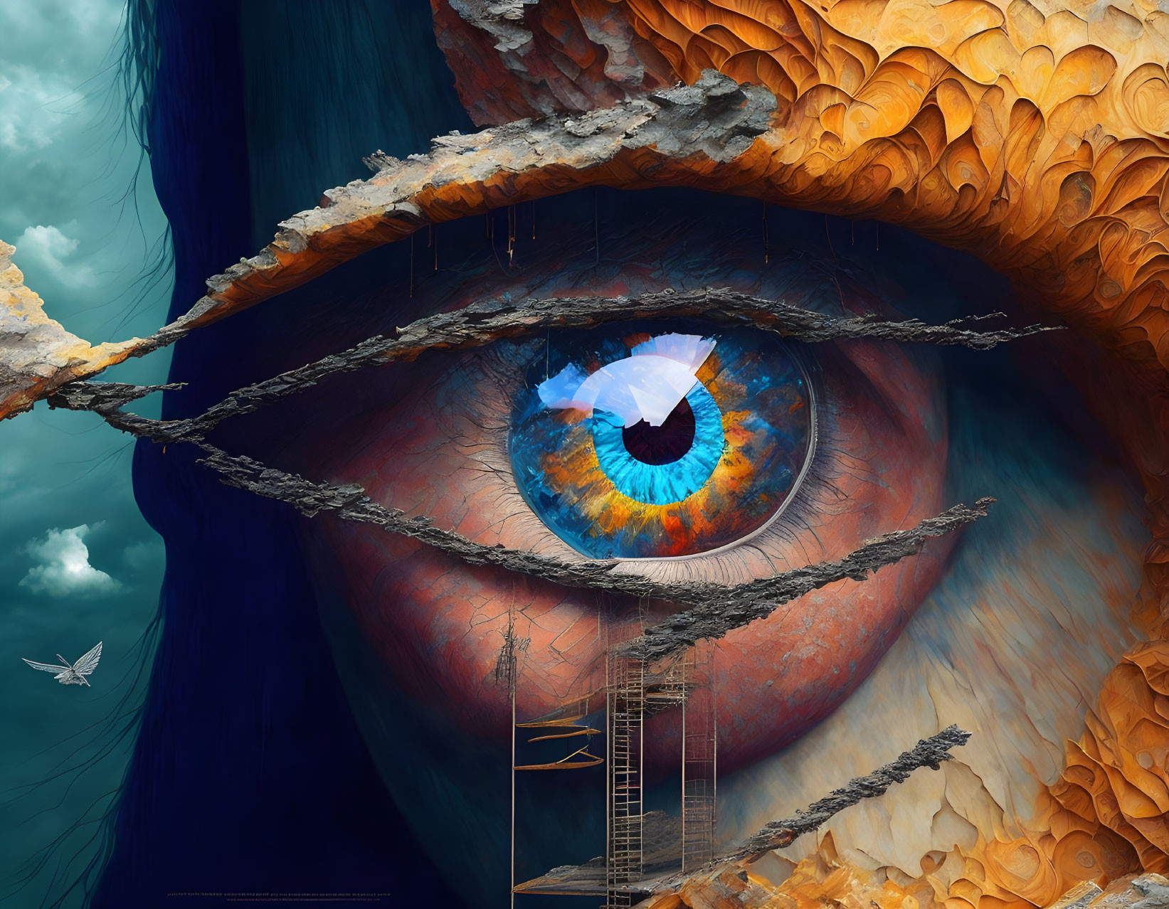 Surreal giant eye art with blue iris, rocks, clouds, ladder, and bird.