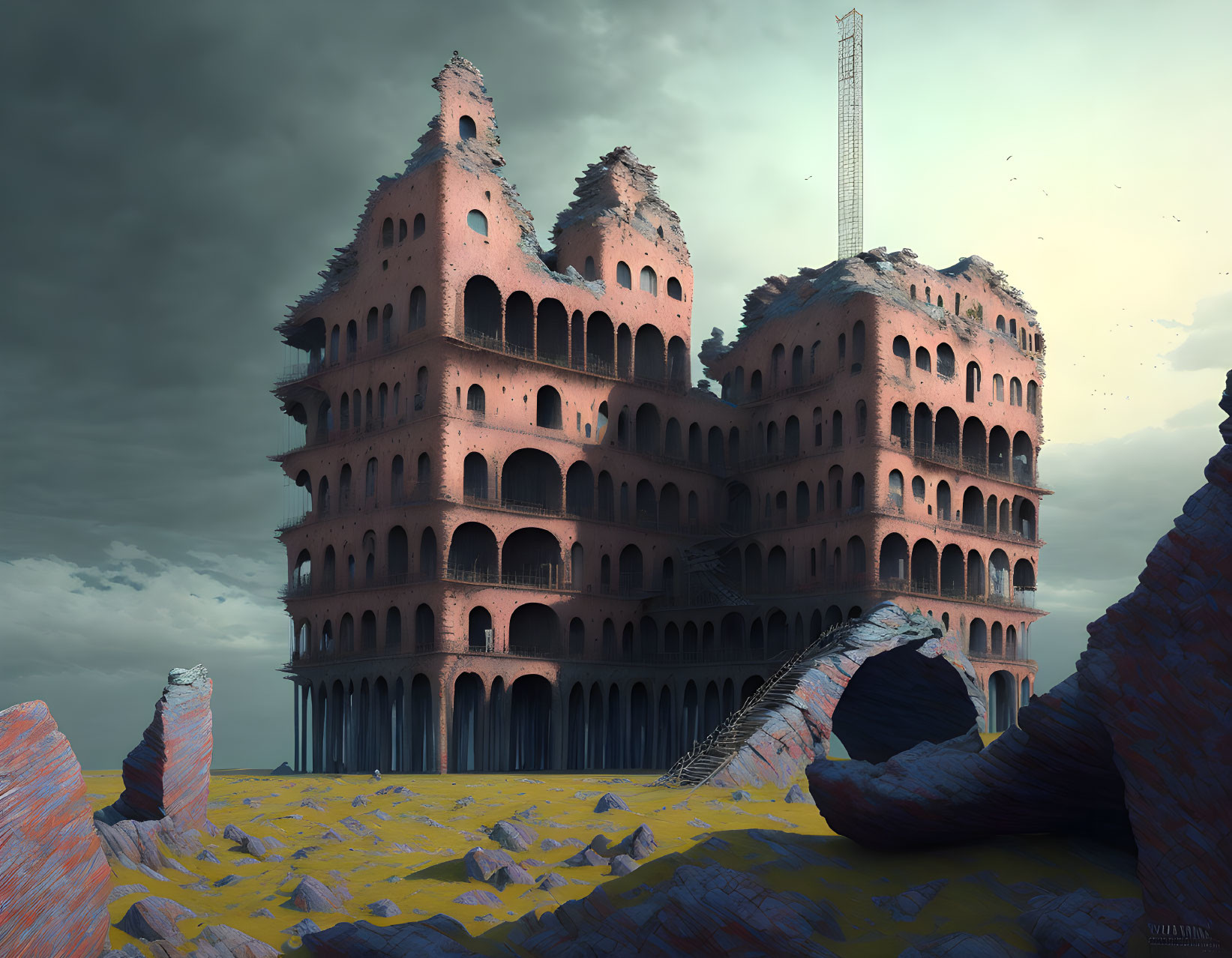 Surreal landscape with elaborate, dilapidated building in barren terrain