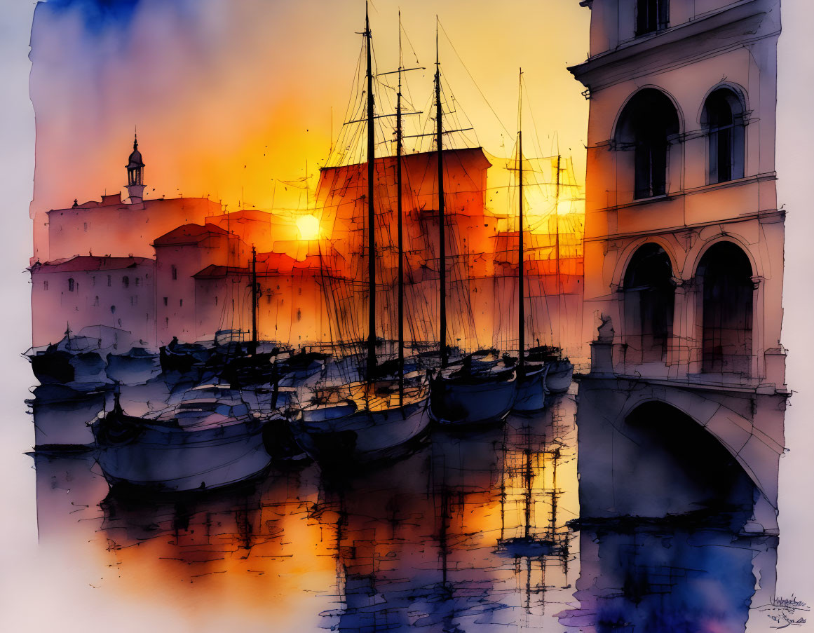 Serene harbor sunset scene with boats and warm hues